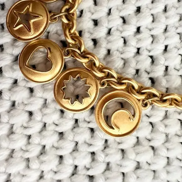 Anne Klein Vintage 80s Gold Tone Celestial Carved Medallion Charm Necklace RARE